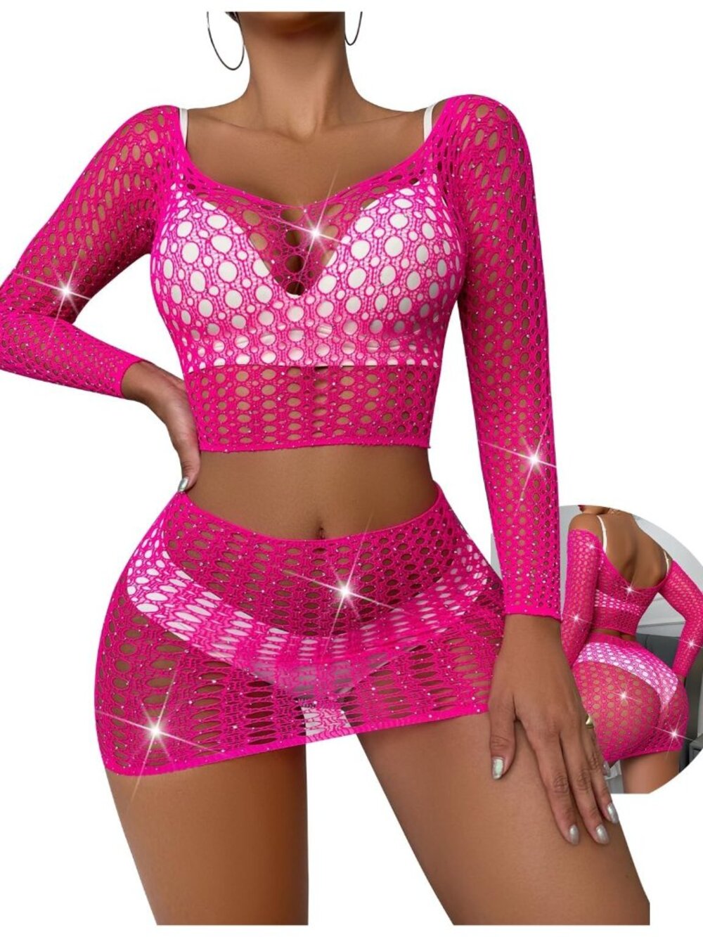 Women Hot Pink Sparkly Sheer Lingerie Sets Micro Bra & G-String Bikini